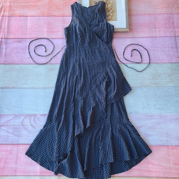 Lush Dresses & Skirts - Lush Blue Checkered Plaid Sleeveless Asymmetrical Ruffle Wrap Maxi Dress Large